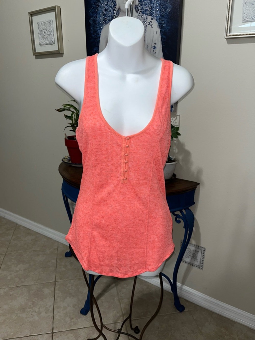 Free People intimately coral waffle button front racerback tank top L